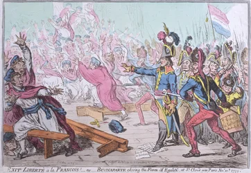 Saia Liberte a la François! ou Buonaparte fechando a farsa de Egalite em St. Cloud, perto de Paris, publicado por Hannah Humphrey em 1799 (gravura à mão colorida)